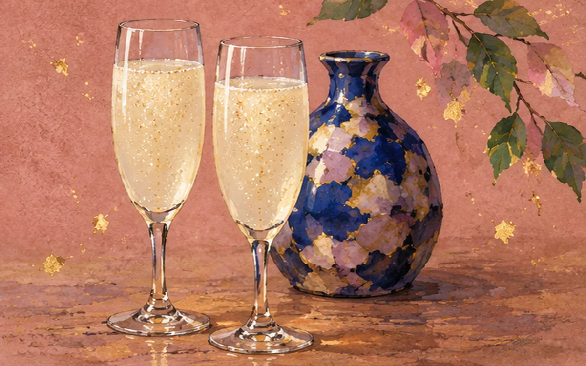 Two tall flutes of pale sparkling sake beside a cobalt, gold and lavender bottle.