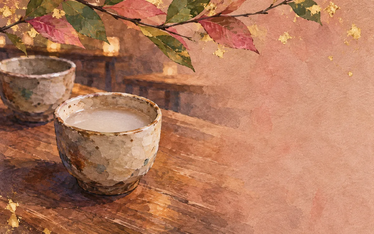 A cup of cloudy sake on a worn wooden counter in low evening light, a second cup out of focus behind it.