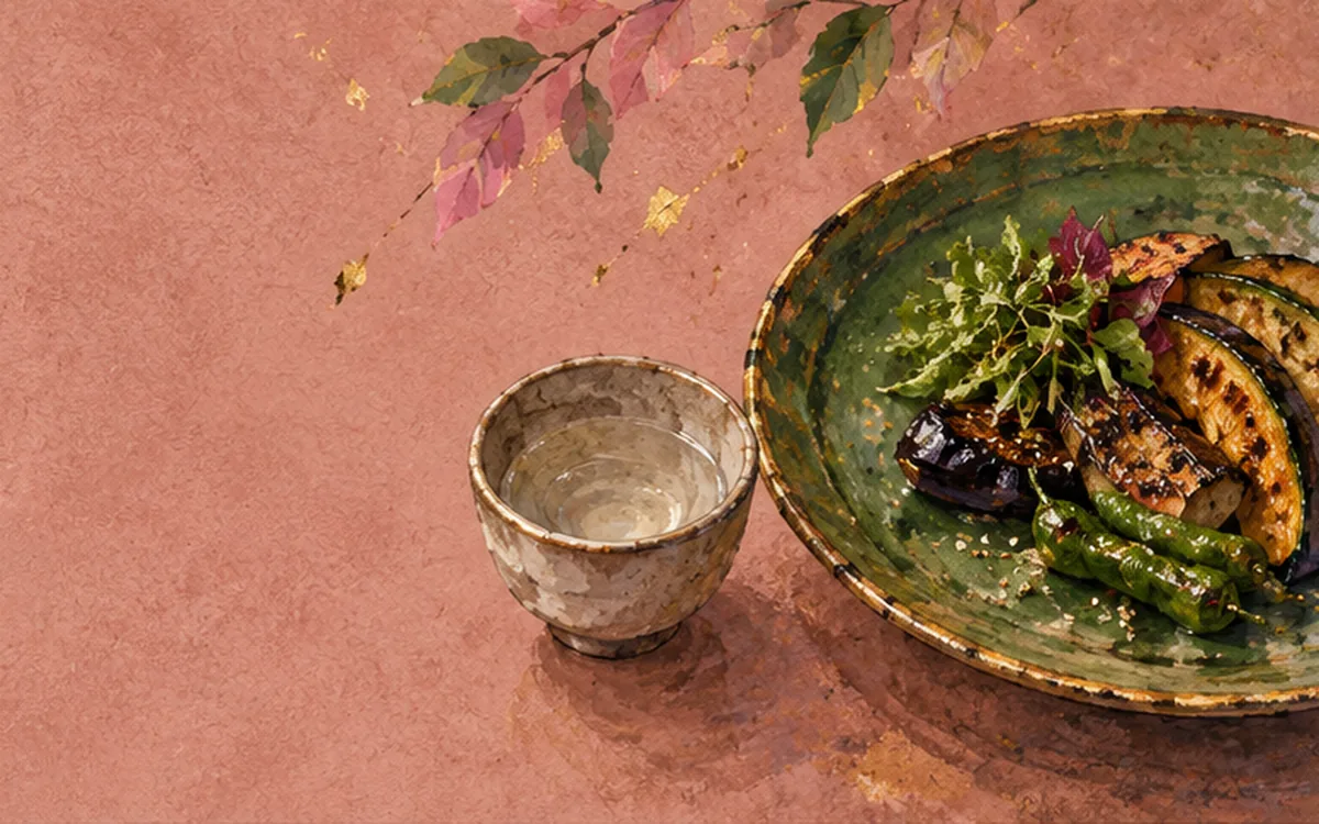A cup of clear sake set close beside a green ceramic plate of grilled aubergine and peppers.