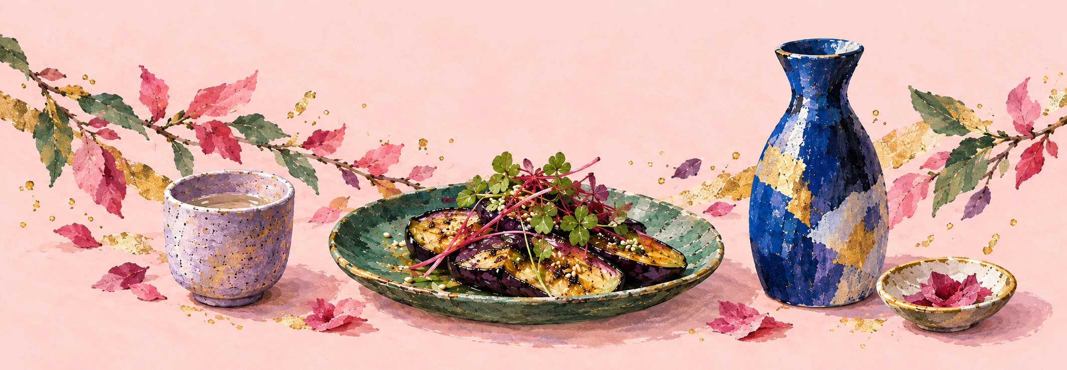 A painted table: a lavender cup, eggplant on a green plate, and a cobalt carafe among pink leaves and gold flecks.